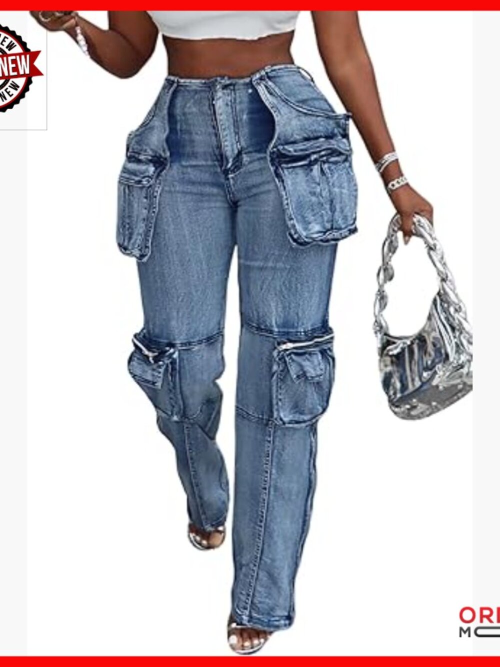 High Waist Denim Jeans With Side Zip Slit And Multi Pockets
